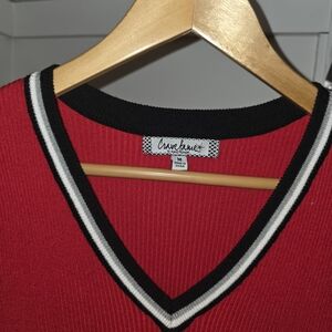 V-neck Red Ribbed Light Sweater Dress-or-worn Over Leggings/jeans.Stretch